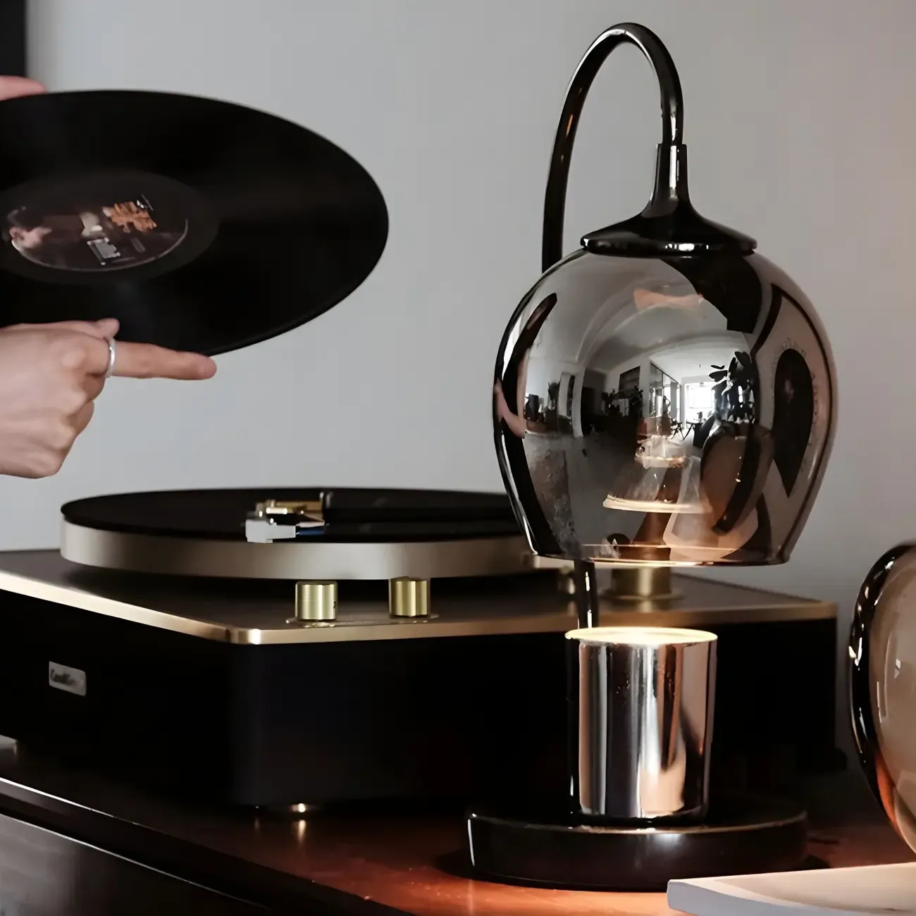 Modern Black Metal Glass Globe Table Lamp with Cup Holder Base