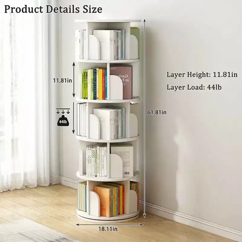 JVNOXK 5-tier rotating bookcase storage, 360 display circular rotating bookcase, space-saving, compact bedroom rotating bookcase tower, warm white