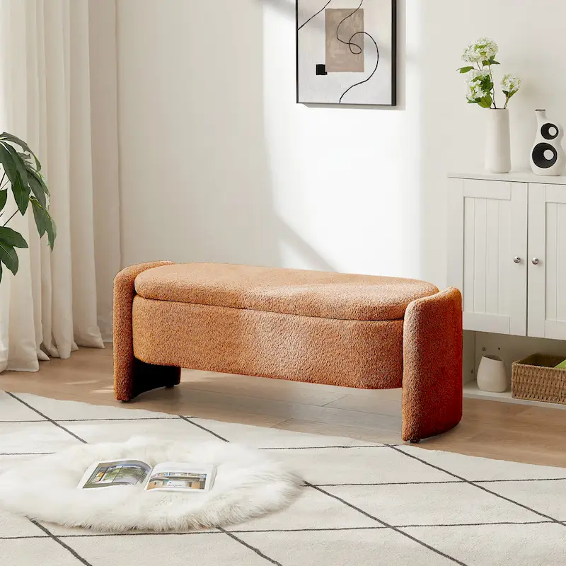 Beige Lamb Fleece Storage Bench with Rounded Sides