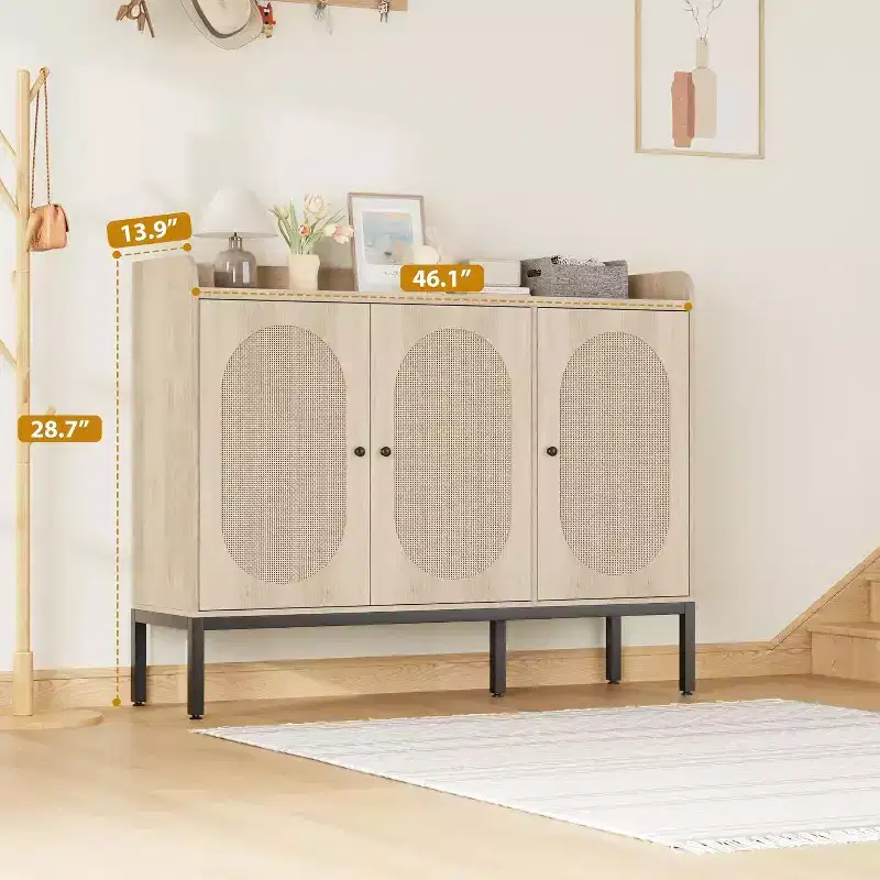 Acekool Freestanding Rattan Shoe Cabinet with 3 Doors, 4 Adjustable Shelves & Metal Legs, Hidden Shoe Storage for Entryway, Hallway, Living Room