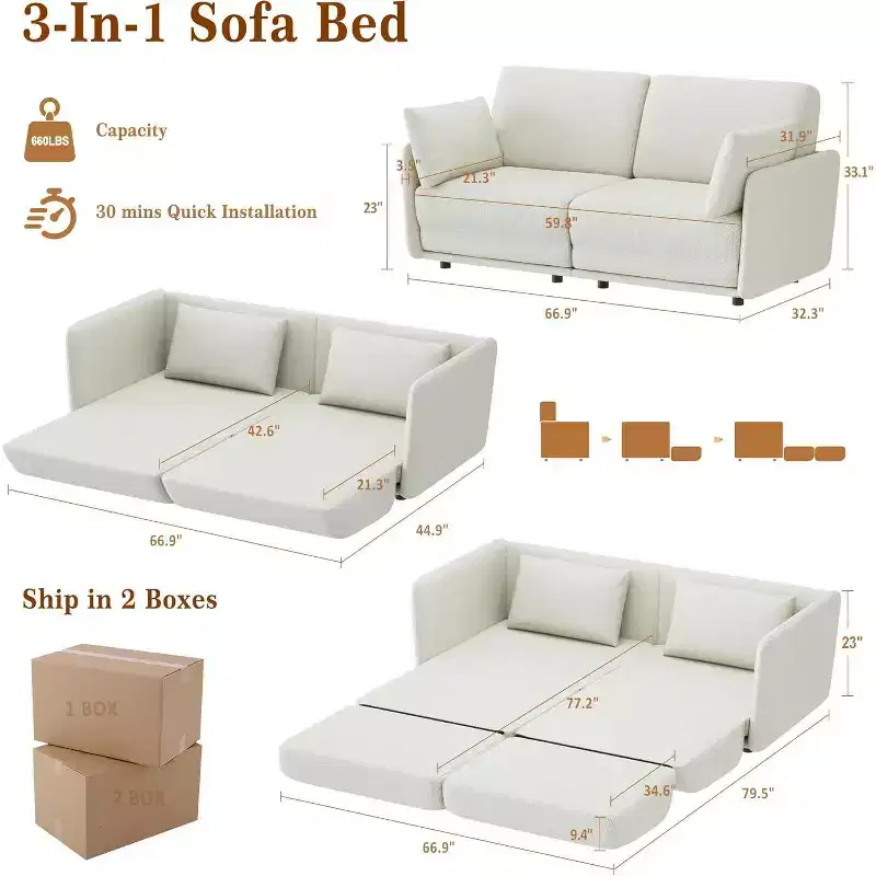 Acekool Pull-Out Sofa Bed, 66 Convertible Queen Sleeper Sofa with Thick Cushion for Living Room, Bedroom, Apartment, Beige