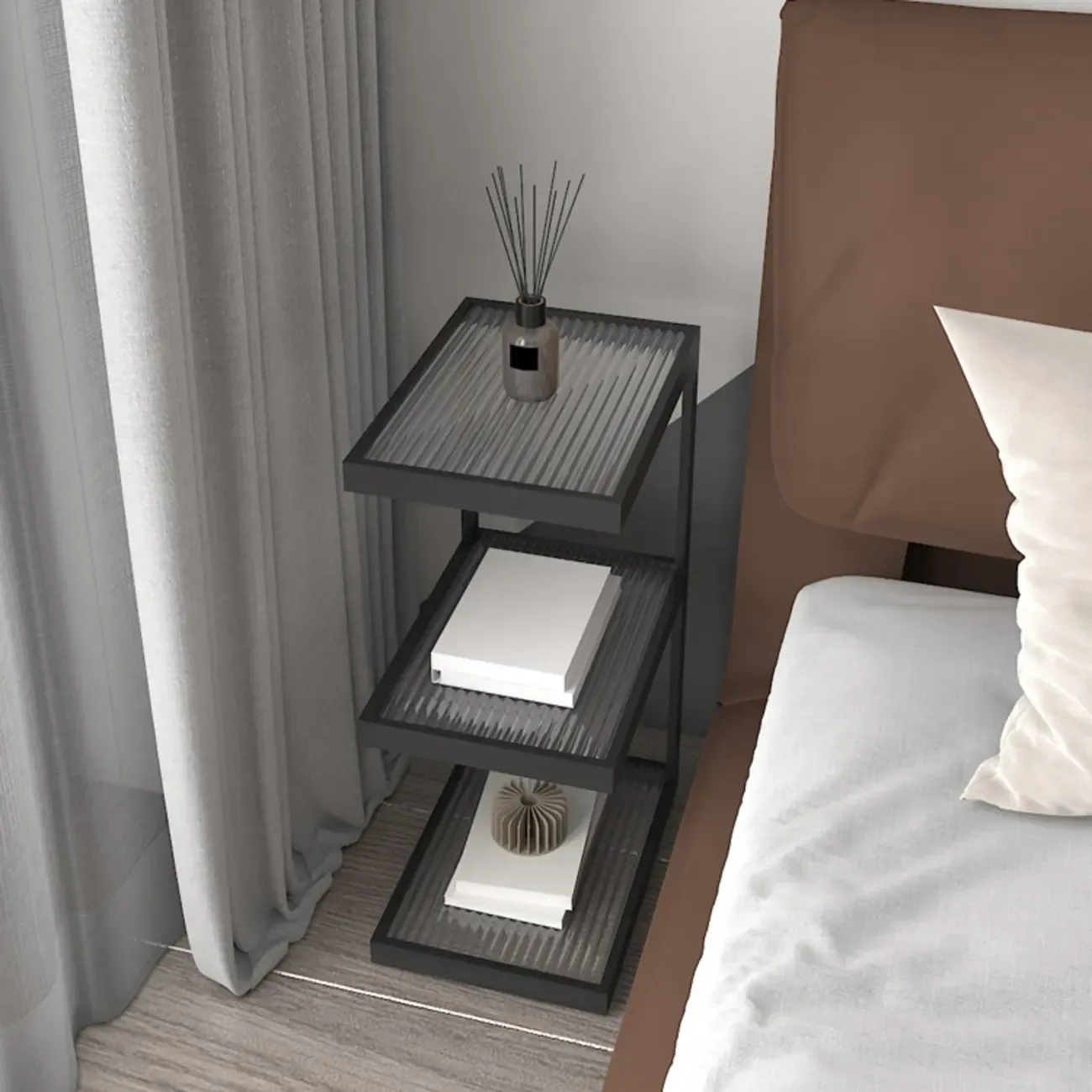 Extra Tall Simple Glass Top and Steel 3 Shelves Nightstand