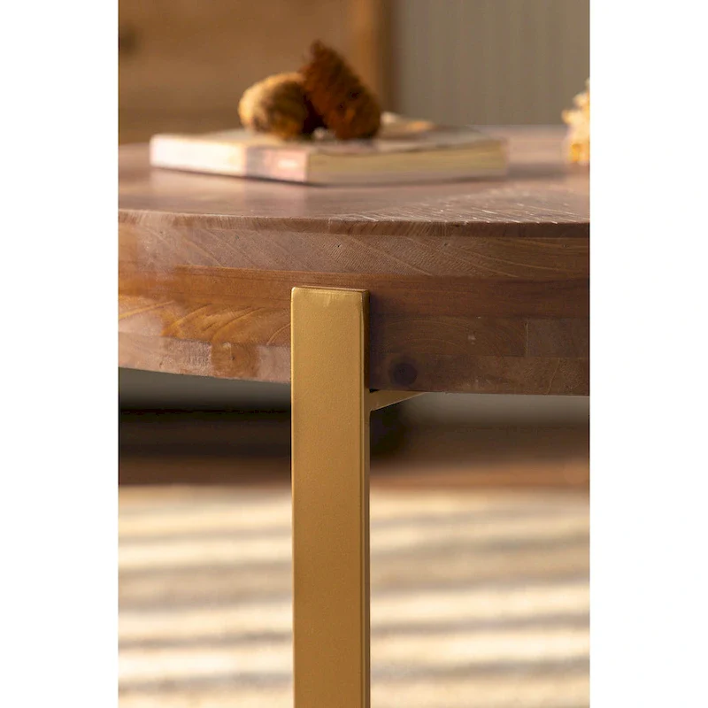 Natural Wood Round Coffee Table with Metal Cross Legs