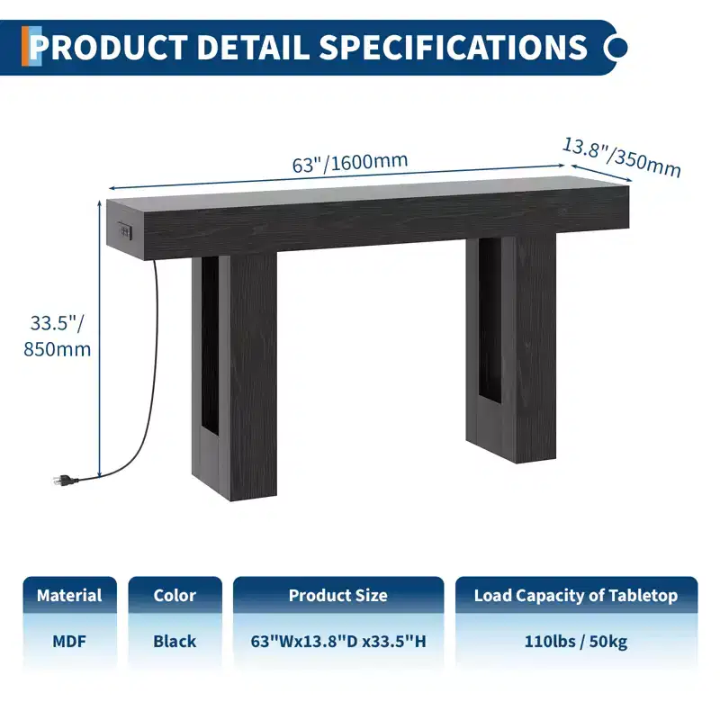 63 Inch Console Table with Power Outlet, Extra Long Sofa Table with USB & Type c Ports, Narrow Entryway Table for Hallway,Foyer Table for Living Room