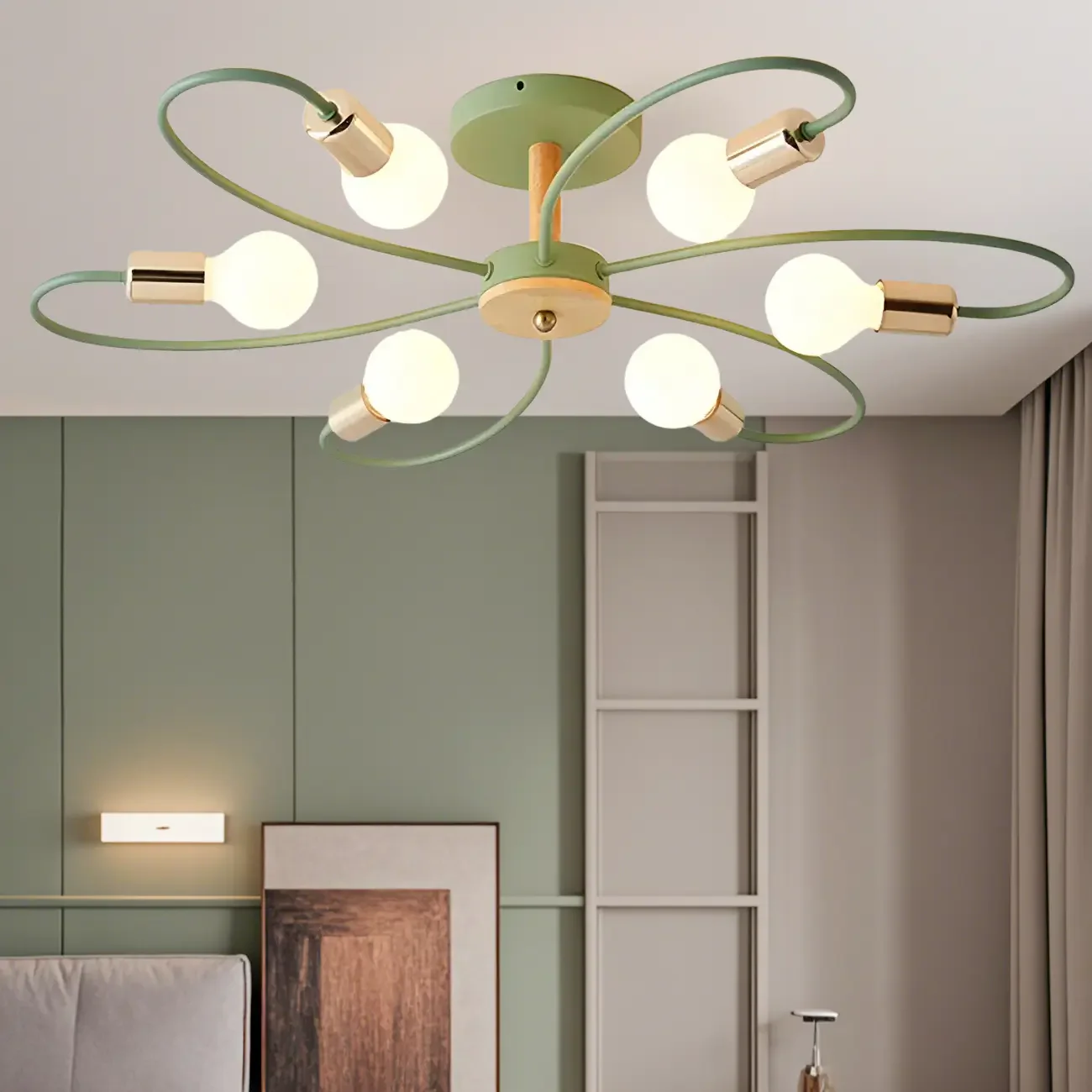 Modern Green Curved Sputnik Semi Flush Mount Ceiling Light