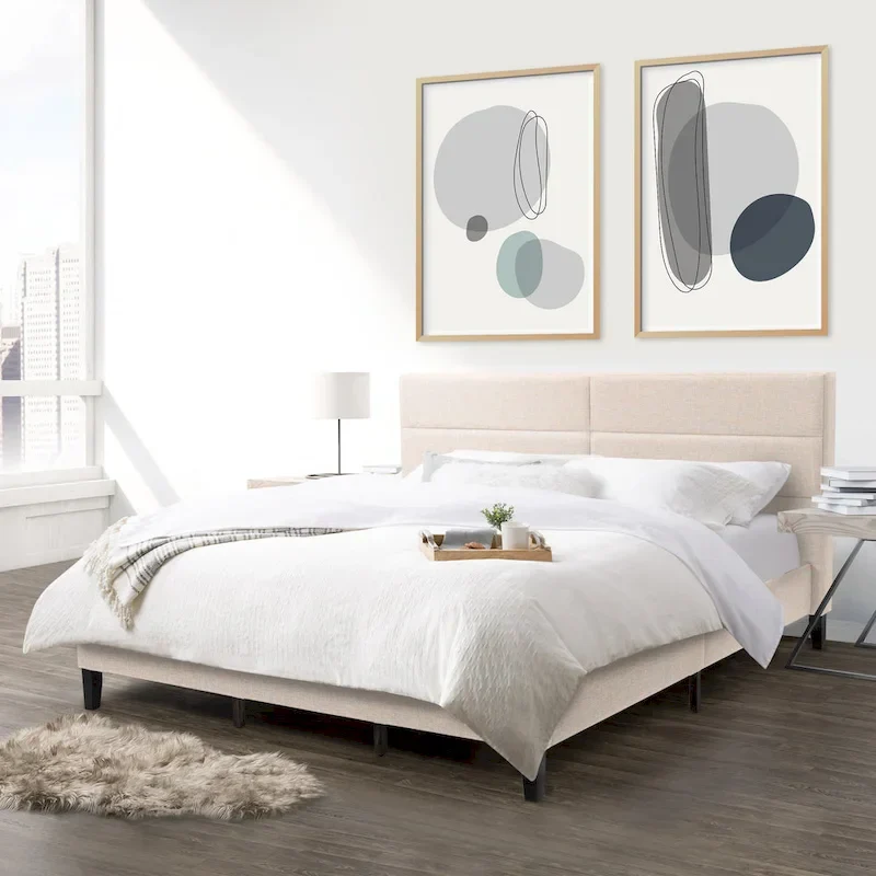 Bellevue Upholstered Tufted Panel Bed King – Solid Wood Legs, No Box Spring Needed