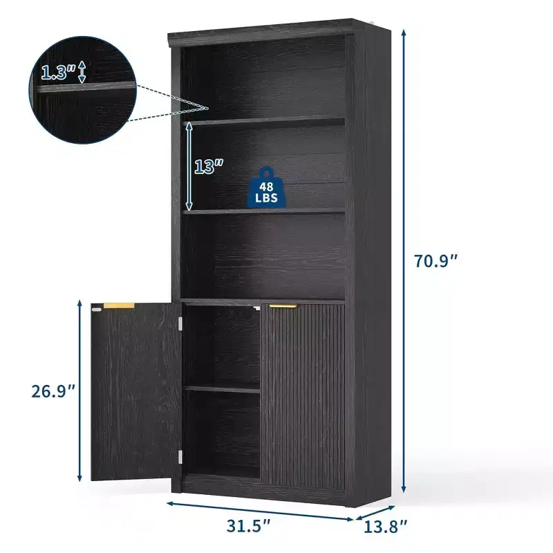 70.9 Tall Book Shelf and Bookcase, Wooden Bookcase with Doors, 5-Shelf Bookcases with Adjustable top Shelve for Home Office, Living Room
