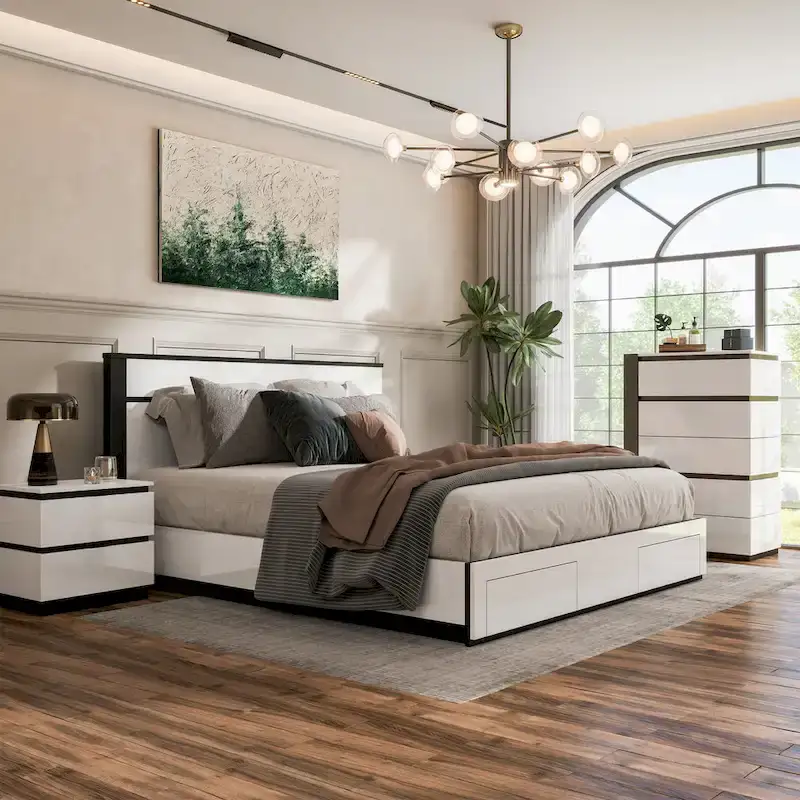 White & Metallic Gray Modern 3-Piece Bedroom Set – Queen/King/Cal King