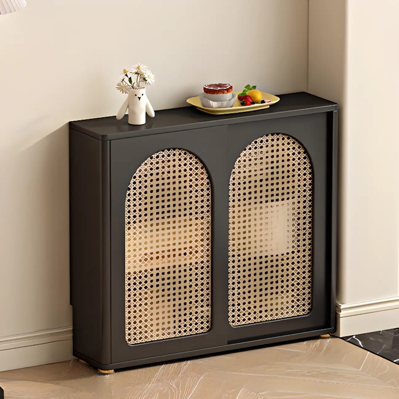 Kitchen Espresso Wood Black Rattan Door Sideboard