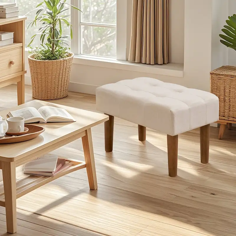 2 Pcs Small Foot Stool Ottoman, Linen Ottoman Foot Rest with Legs, Rectangle Upholstered Footrest