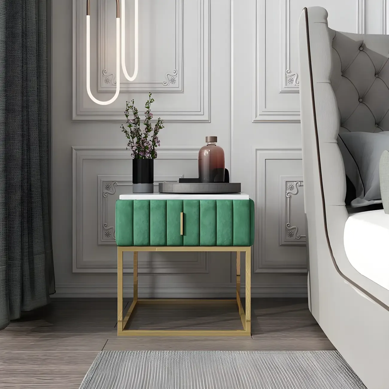 Glam Genuine Marble Nightstand with Drawers & Metal Base