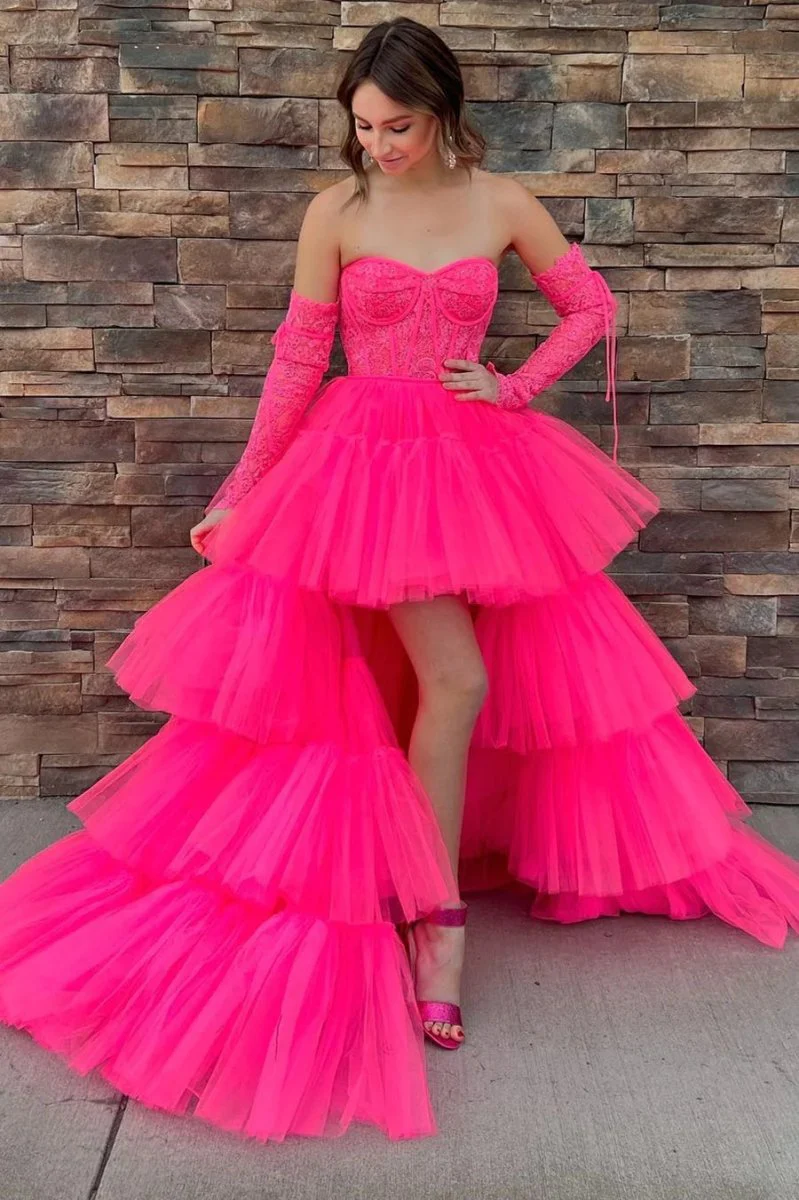 A-Line Asymmetrical Strapless Tiered Tulle Prom Dress