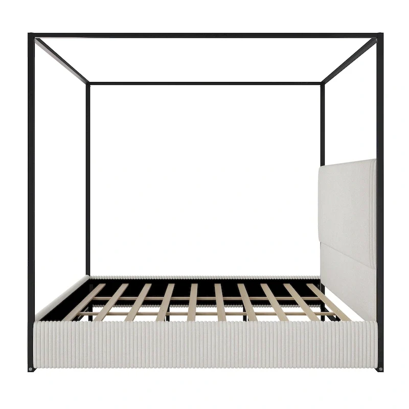 Modern Luxury Metal Canopy Bed with Tall Upholstered Headboard & Four Poster