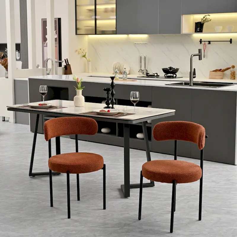 Boucle Dining Chairs Set of 2,Mid-Century Modern Curved Backrest Chair,Round Upholstered Kitchen Chairs