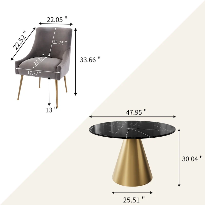 Clihome 5 Piece Black Marble Top Table with Velvet Dining Chair Set