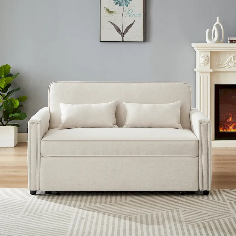 Modern Linen Convertible Loveseat Sleeper Sofa Couch with Adjustable Backrest, Pull-Out Bed and 2 Lumbar Pillows