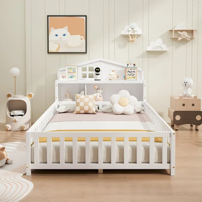 White / Natural / Grey Full Floor Bed with Bookcase, Chalkboard & Door - Single Use