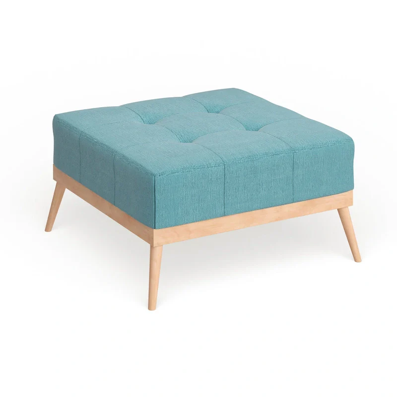 Dark Grey Square Tufted Ottoman, Single Seat, Birch Wood Frame