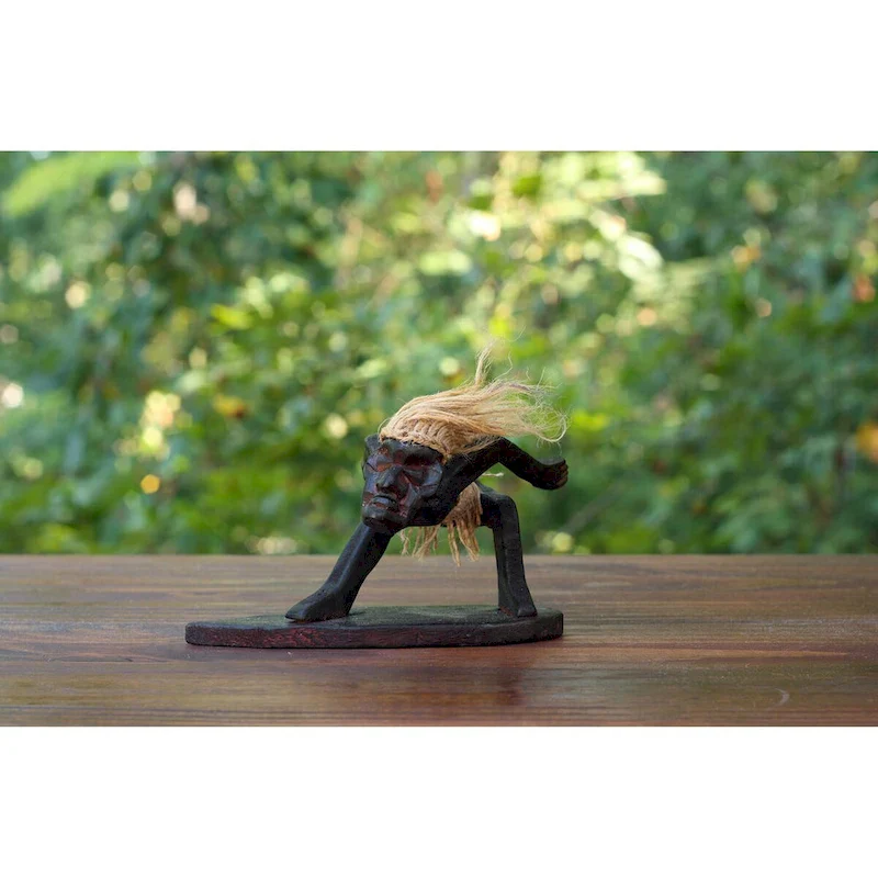 Handmade Wooden Primitive Tribal Funny Statue Surfing Sculpture Tiki Bar Figurine Hand Carved Surf