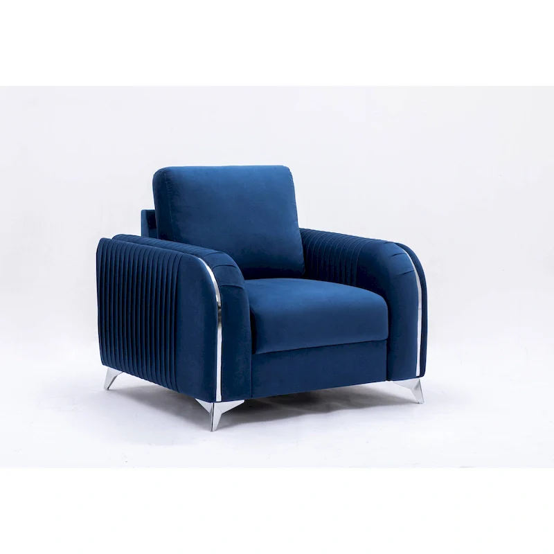Blue Modern 38 Velvet UpholsteredAccent Chair with Polished Chrome Trim Legs and Vertical Pleated Design