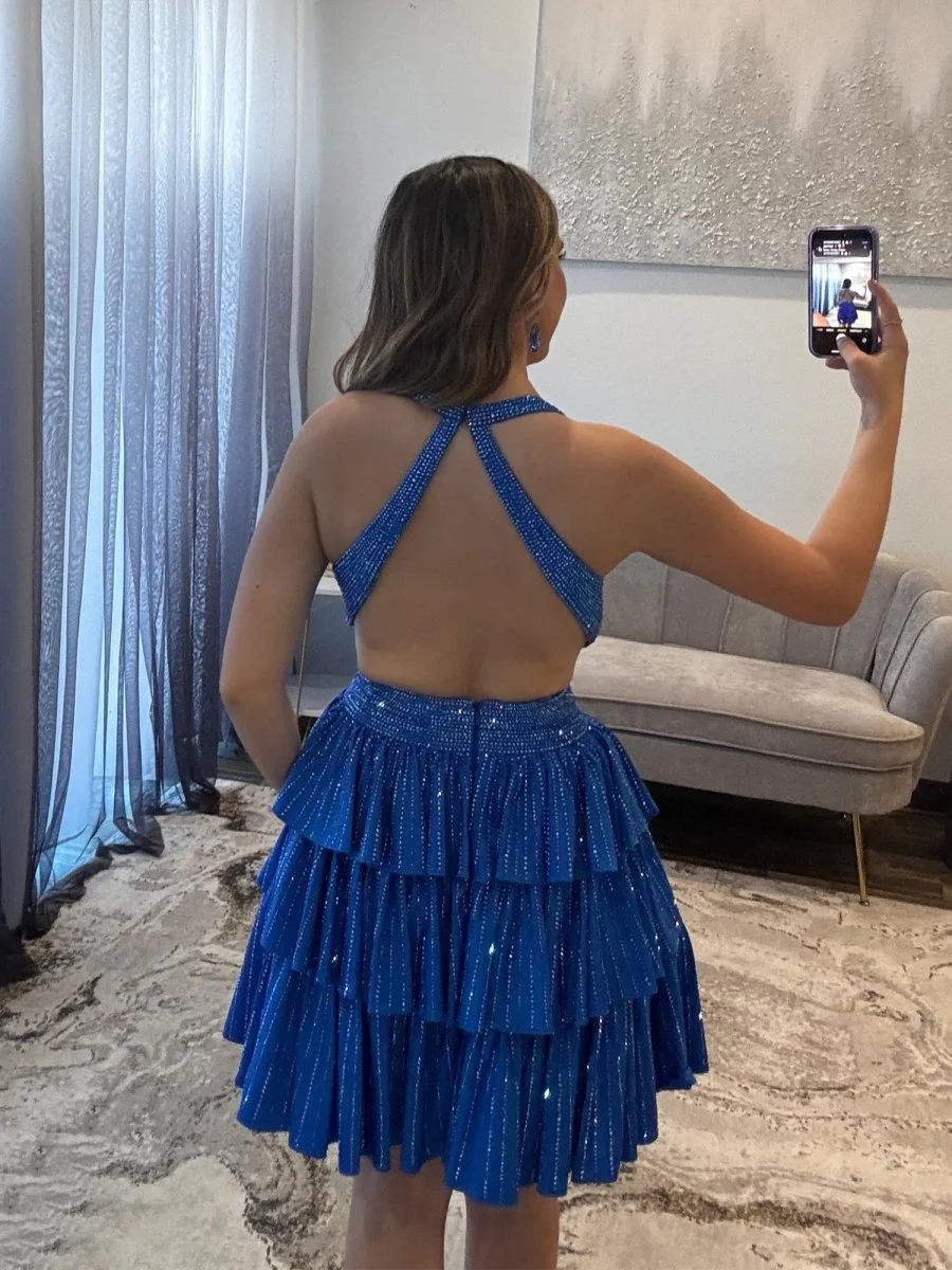 Royal Blue - V Neck A Line Cutout Satin Tiered Homecoming Dress With Beading