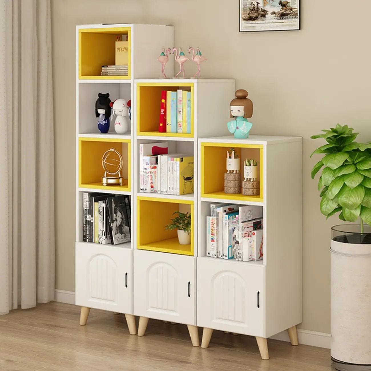 Wood 3-Tier White and Yellow Cube Bookcase with Cabinet