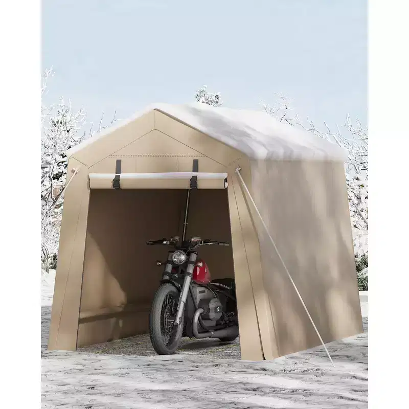 6x6FT Heavy-Duty Motorcycle Shelter - Waterproof PE Carport with Roll-Up Door for Bikes/Firewood (1-Pack)