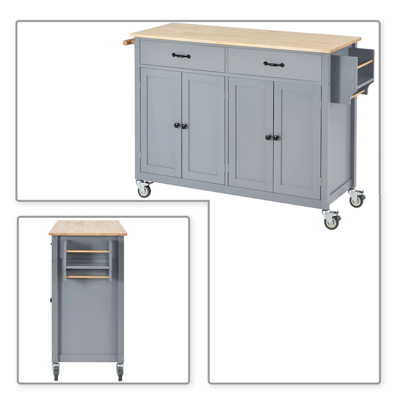Classic Wooden Kitchen Island Cart with 2 Drawers, 2 Cabinets, a Towel Rack and a Spice Rack