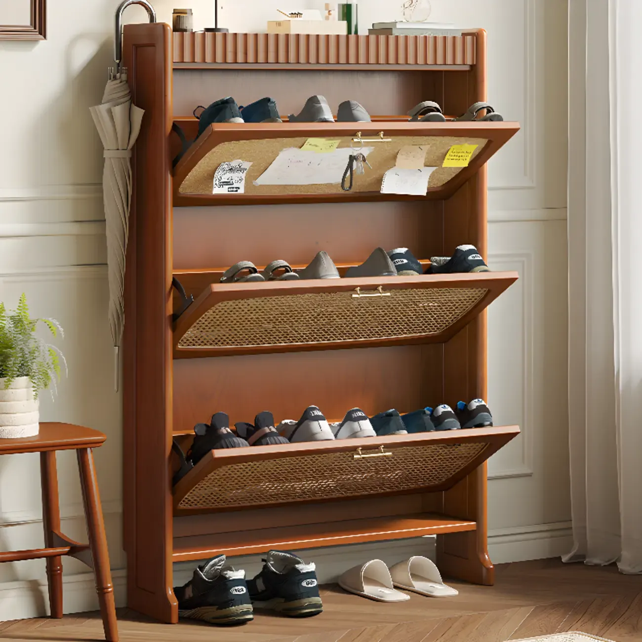 Entryway 3-Tier Drop-Front Rattan Solid Wood Shoe Cabinet