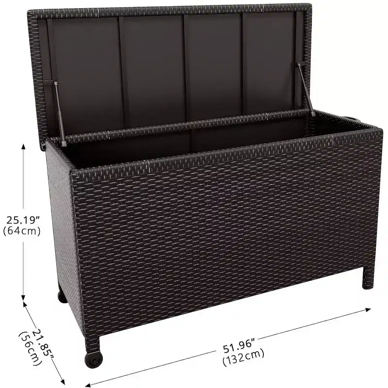 PE Rattan Deck Box with Lockable Wheels, Outdoor Storage Chest with Side Handles for Patio Cushions Pool Toys