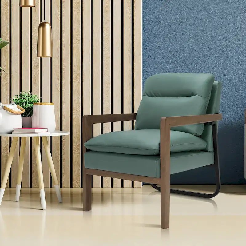 Blue Linen Accent Armchair with Rubber Wood Legs – 1-Seat