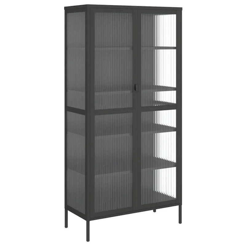 Black Highboard with Fluted Glass & Steel Frame, 33.5×15.7×70.9