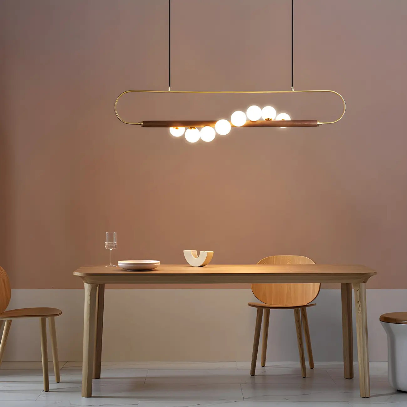 Modern Brass Wood Linear Island Pendant Light