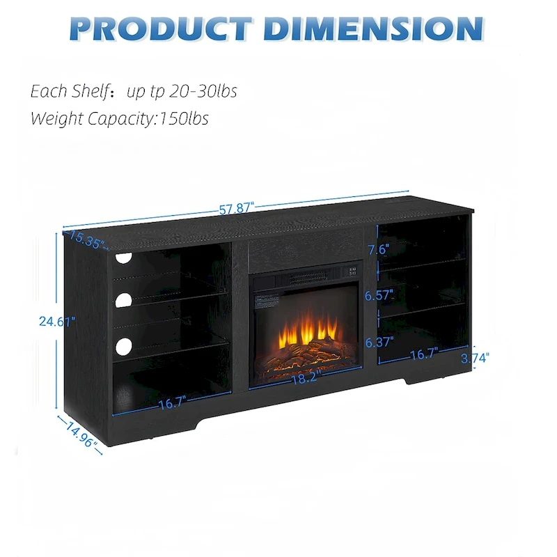 58W Fireplace TV Stand with 18 Fireplace, LED Light, USB Outlet - 58W*15.5D*24.4H
