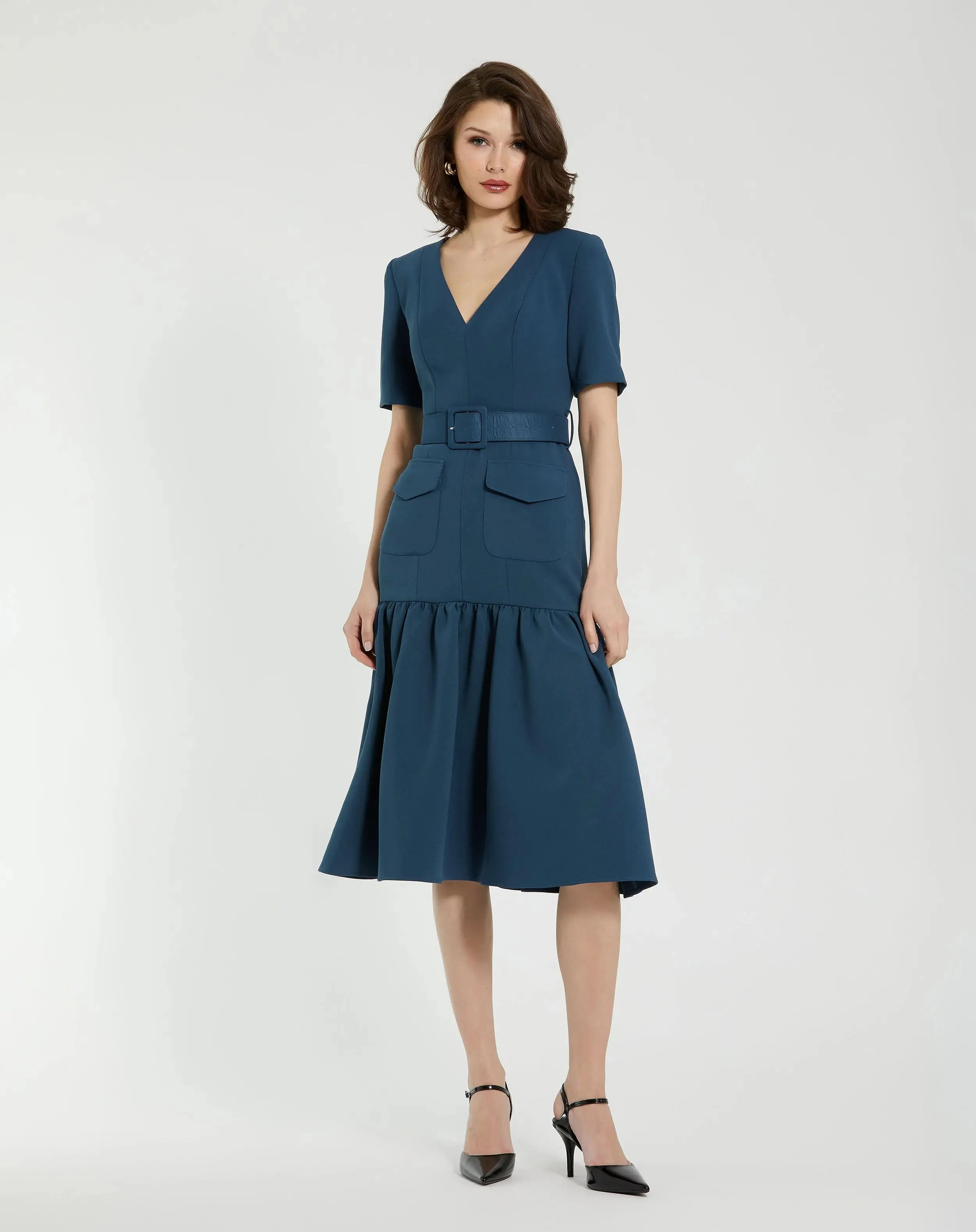 Blue Crepe 3/4 Sleeve Midi Dress With Belt And Pockets