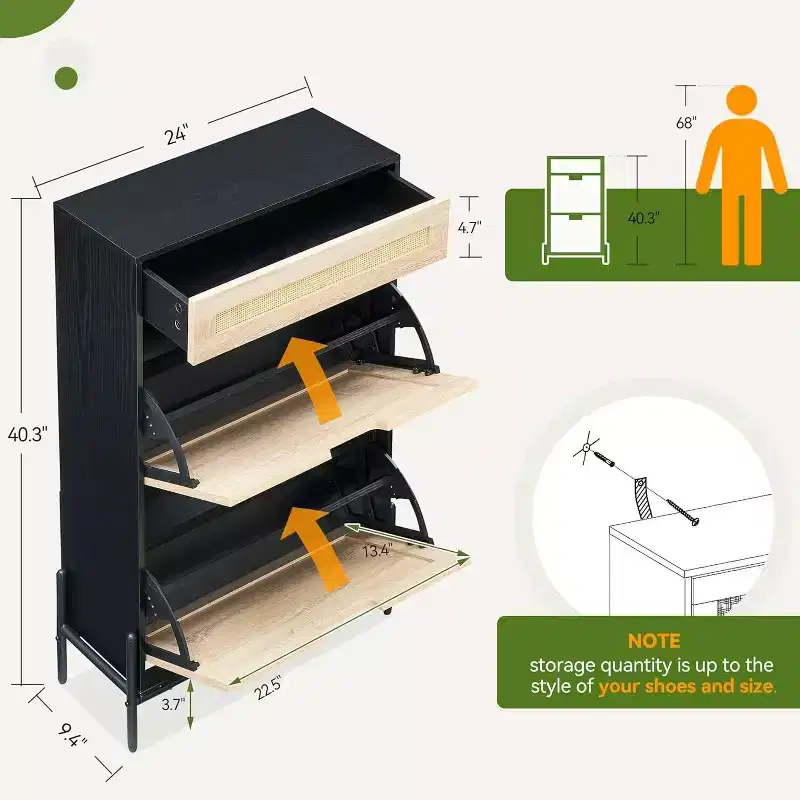 Acekool Natural Rattan Storage Cabinet with 2 Flip Drawers, Adjustable Shelves & Metal Legs, Slim Entryway Shoe Organizer