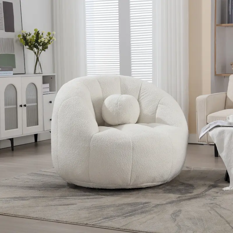 Boucle Upholstered Round Lazy Cozy Bean Bag Chair With a Pillow