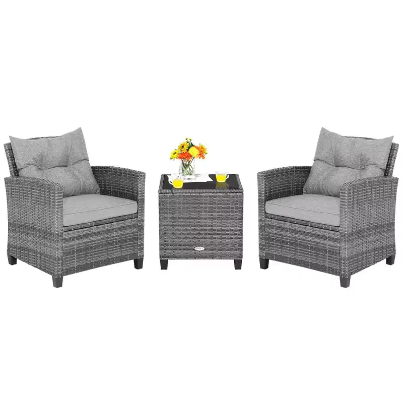 Costway 3PCS Patio Rattan Furniture Bistro Set Cushioned Sofas Side Table Armrest Red/Grey/Navy/Turquoise/Black