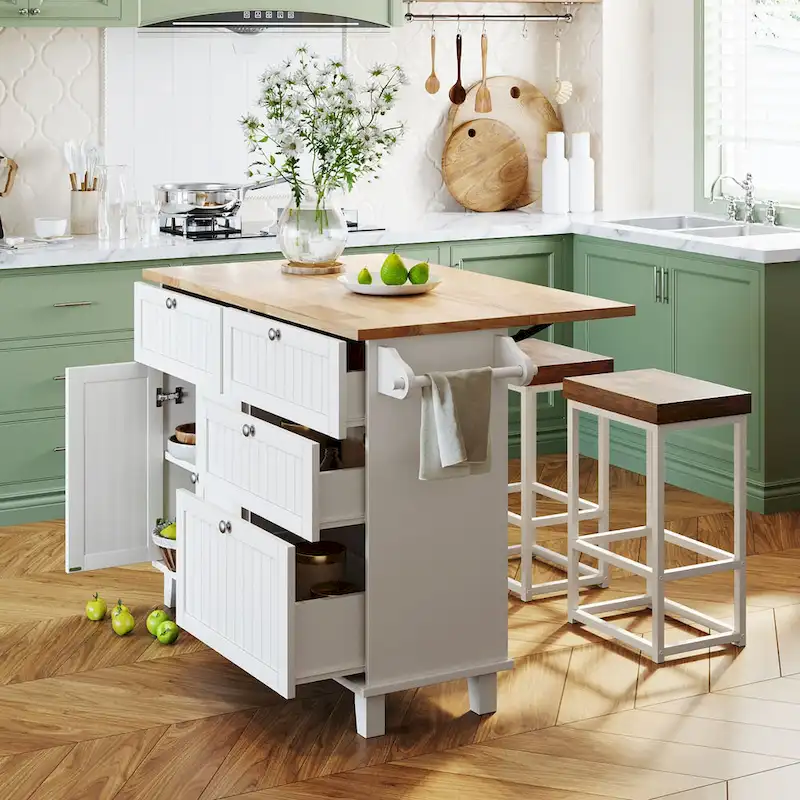 Topmax Farmhouse Kitchen Island Set With Drop Leaf And 2 Seatings