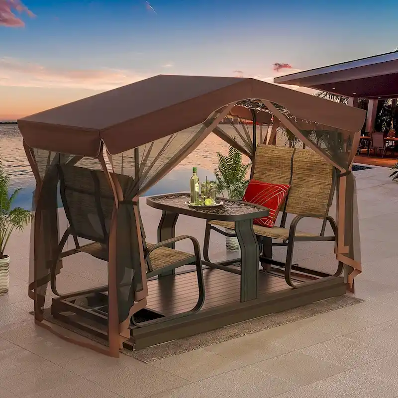 Erommy 4-Seat Patio Swing Chair Outdoor Glider Benches, Aluminum Frame, Canopy with Netting, Porch Glider Chair