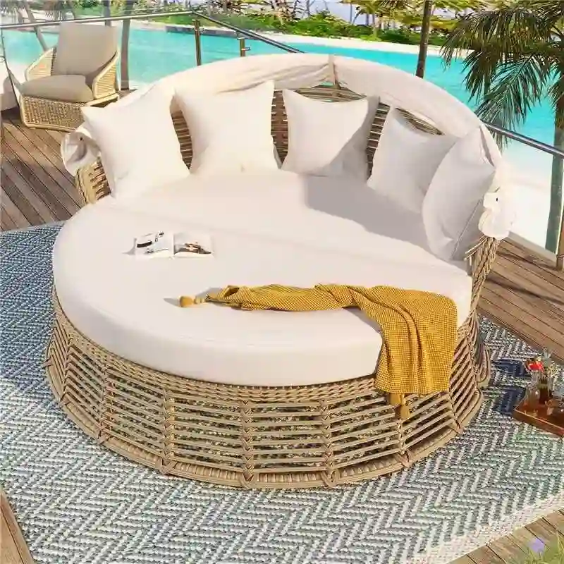 Patio Rattan Round Daybed with Retractable Canopy & Removable Cushions