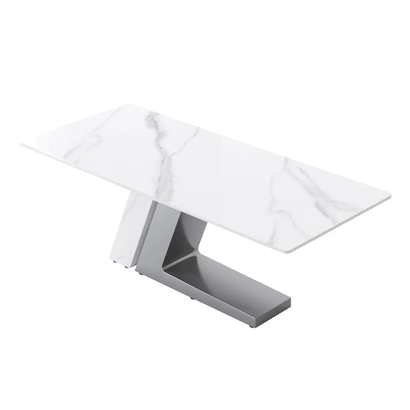 Modern Slate Kitchen Dining Table with White Rectangle Sintered Stone Top and Metal Legs -- 63/71/79