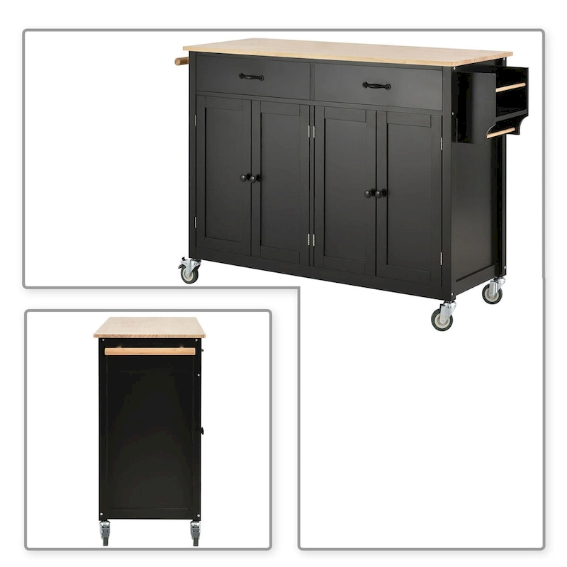 Classic Wooden Kitchen Island Cart with 2 Drawers, 2 Cabinets, a Towel Rack and a Spice Rack
