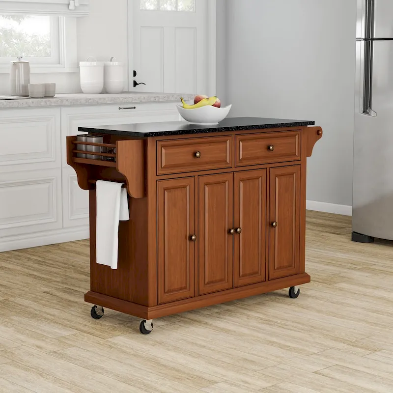 Full-Size Black Granite Top Mobile Kitchen Cart Cherry Finish 3 Cabinets Spice Rack