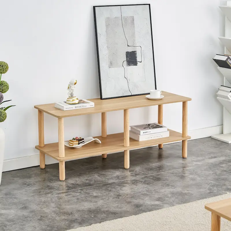 Modern 2-Tier TV Stand with Open Storage Shelf & Rubberwood Legs