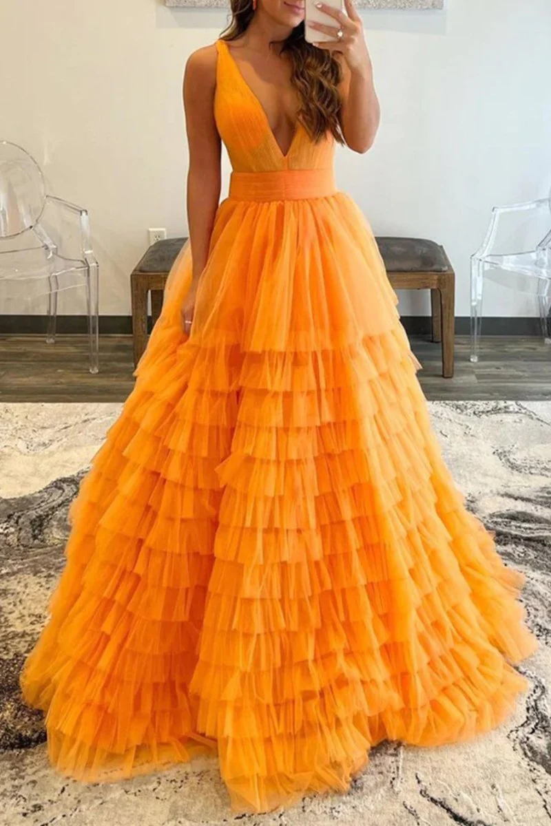 A-line Orange V-Neck Tulle Long Prom Dress