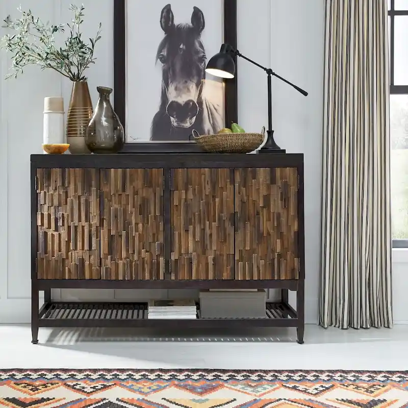 Brown Black Chalkboard Finish Buffet Server with Mosaic Front and Butcher Block Top