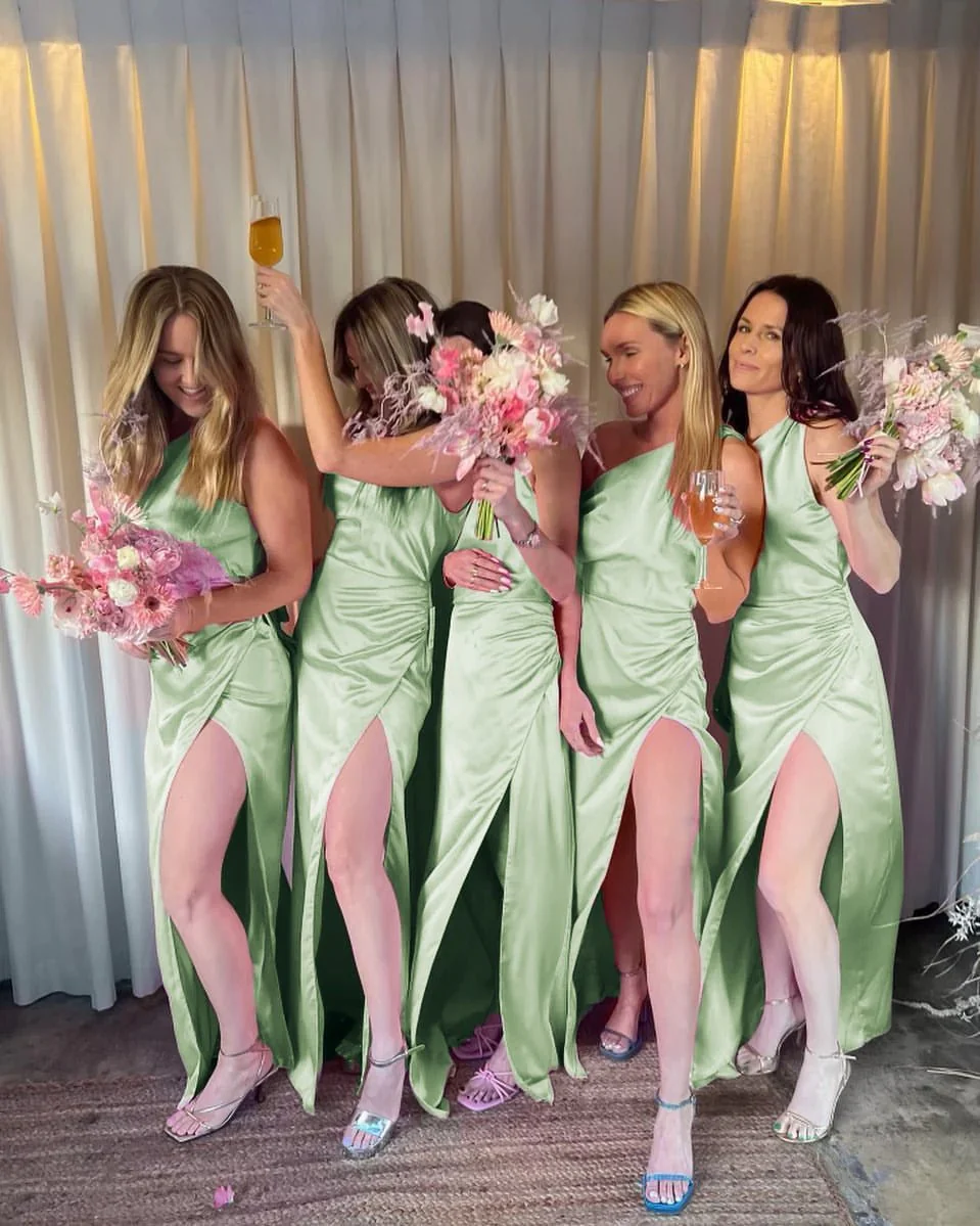 Fashion Sheath One Shoulder Pink Satin Bridesmaid Dresses