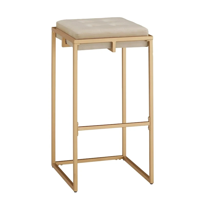 Backless Velvet Button-Tufted Bar Stool with Gold Metal Base & Footrest – Beige / Blue / Green, Counter / Bar Height