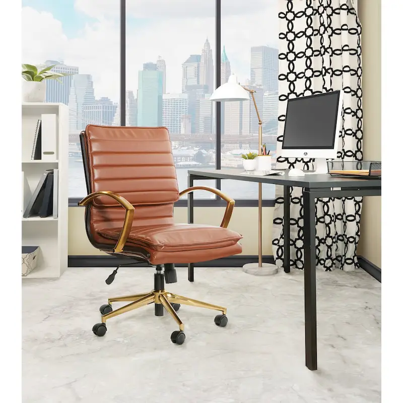Mid-Back Faux Leather Office Chair with Gold Base